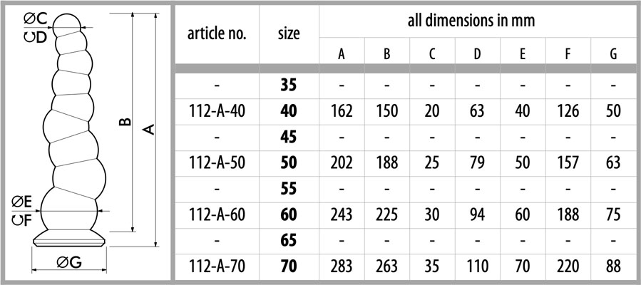 size chart for dildo bubbles